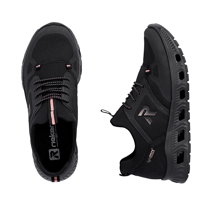 Mocassins Rieker noirs végan pour femmes M6078-00 avec bande élastique. Chaussure vue de dessus, couchée.