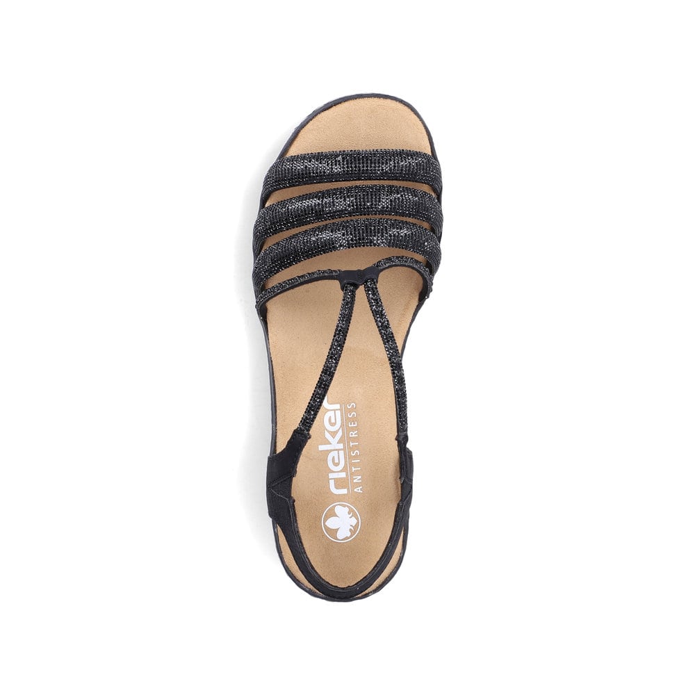 Schwarze Rieker Keilsandaletten 62977-00 mit Strasssteinen sowie einem Gummizug. Schuh von oben.