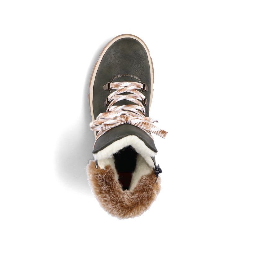 Bottes à lacets Rieker vertes pour femme X8647-54 avec tige en fourrure. Chaussure vue de dessus.