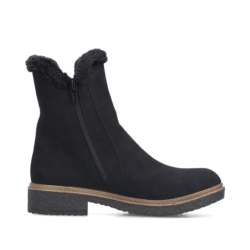 Schwarze Rieker Damen Chelsea Boots Z5076-00 mit Fellschaftrand. Schuh Innenseite.