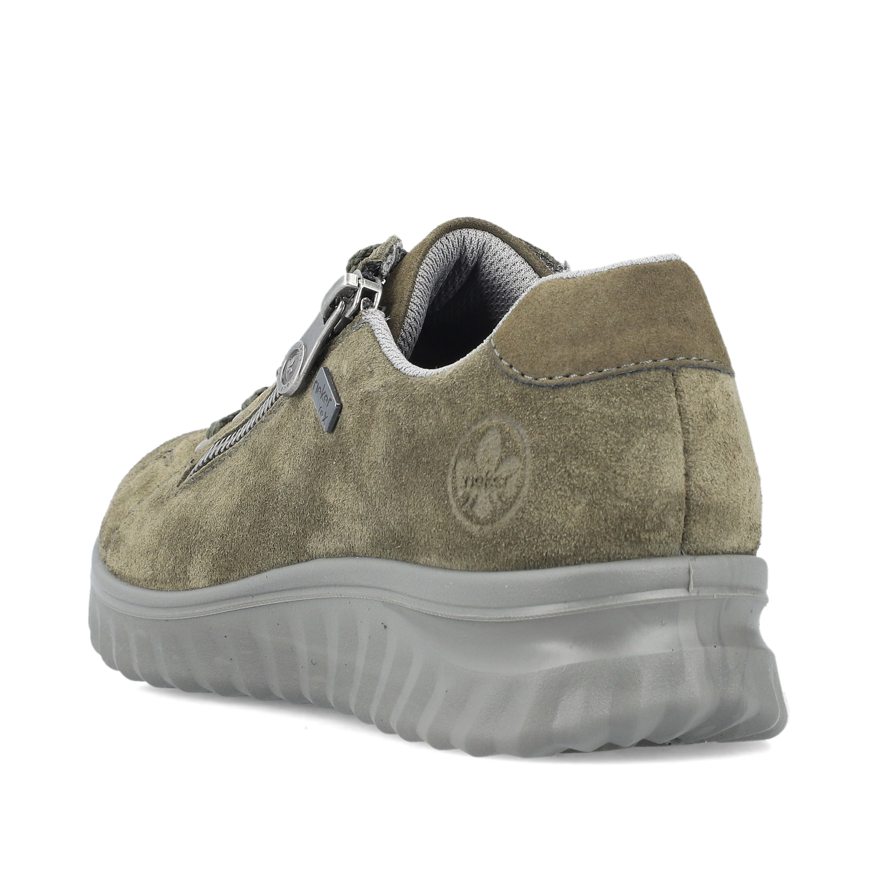 Zartrosane vegane Rieker Damen Loafer 58955-31 mit einem Elastikeinsatz. Schuh Außenseite gespiegelt.