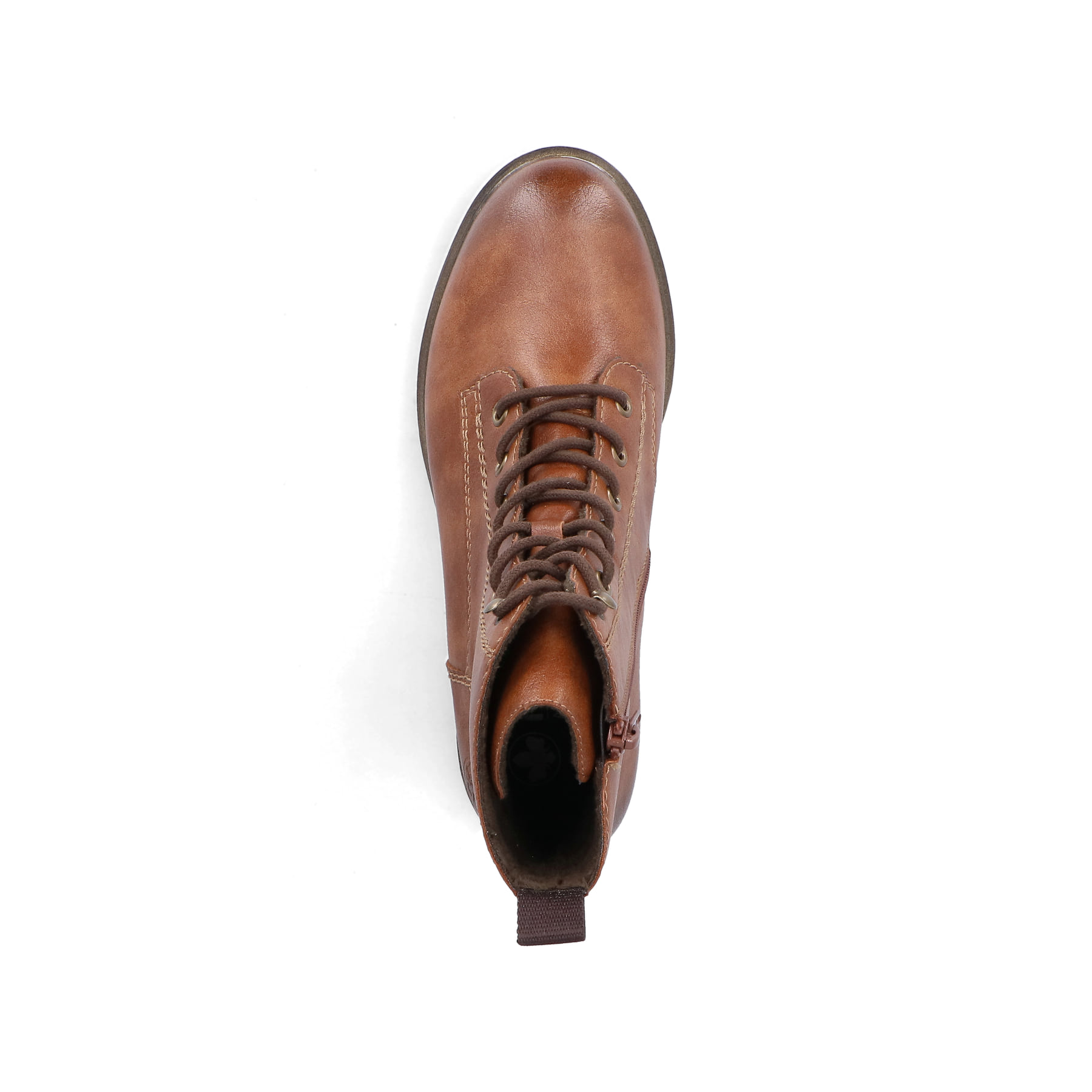 Hellbraune Rieker Damen Schnürstiefel 72220-24 mit einem Reißverschluss. Schuh von oben.