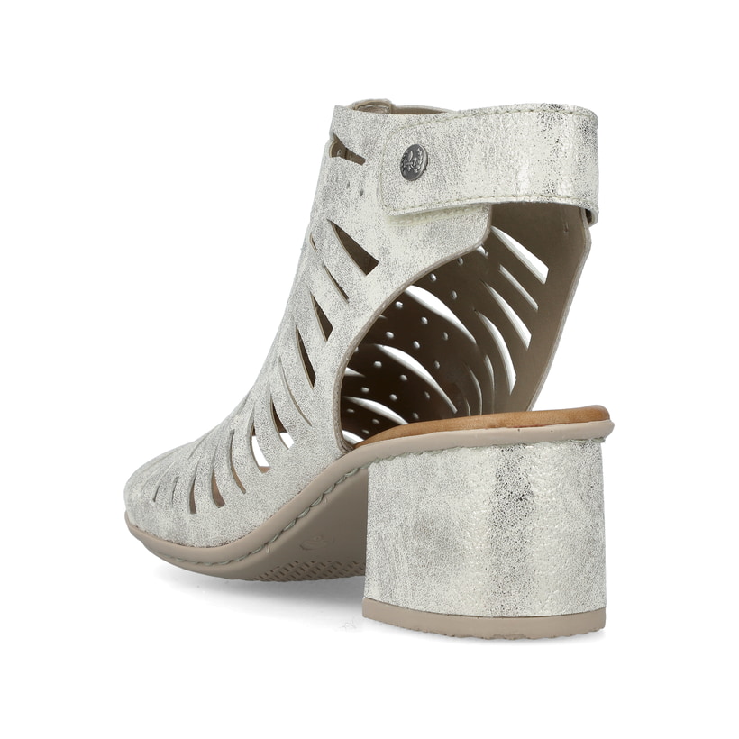 Beige Rieker Riemchensandaletten 64676-60 mit einem Klettverschluss. Schuh von hinten.