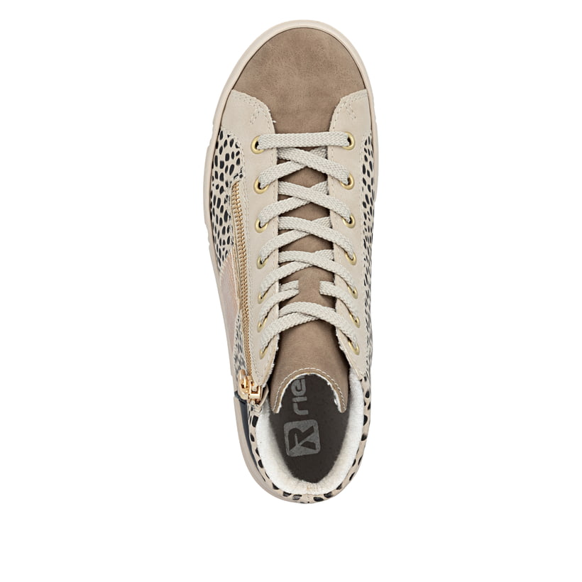 Baskets montantes Rieker beiges pour femme N5931-62 avec imprimé animal. Semelle extérieure de la chaussure.