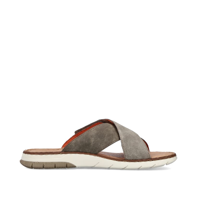 Braune Rieker Herren Pantoletten 25283-25 mit einem Klettverschluss. Schuh Innenseite.