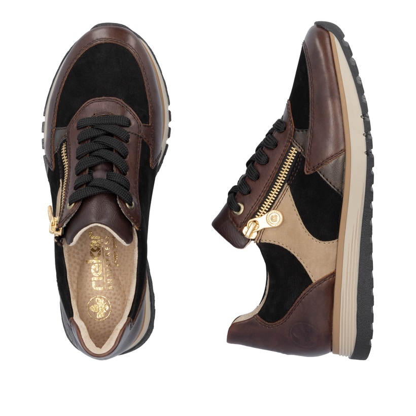 Baskets basses Rieker marron pour femme 49010-25 en cuir suédé. Chaussure vue de dessus, couchée.