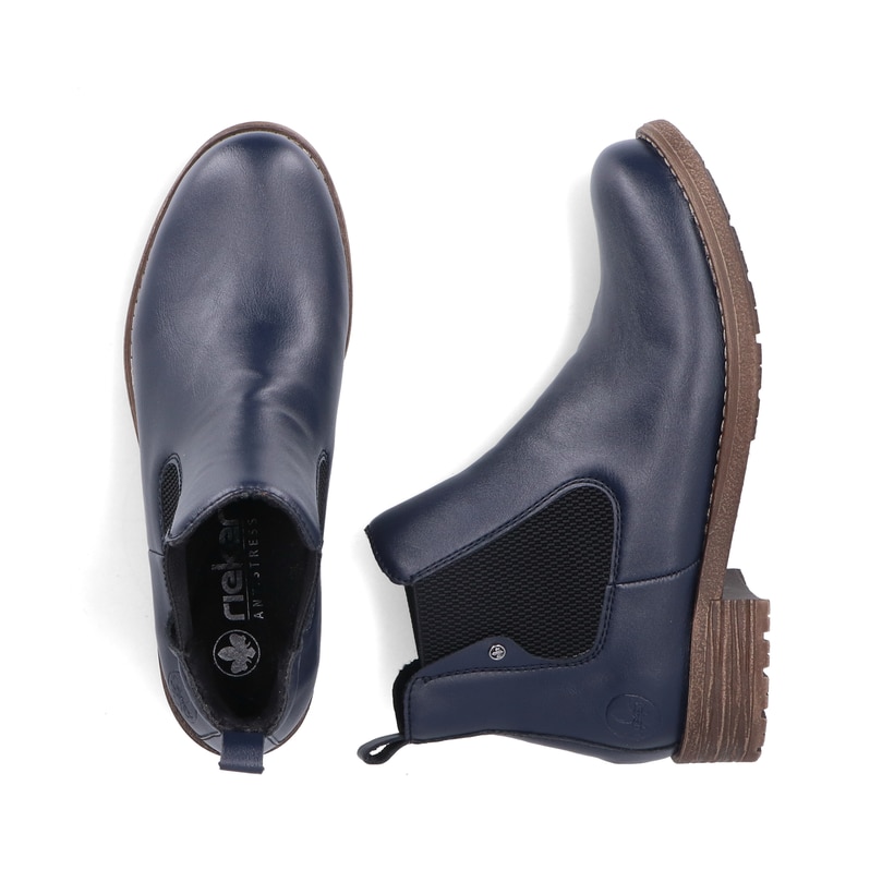 Dunkelblaue Rieker Damen Chelsea Boots 79450-14 mit einem Gummizug. Schuh von oben, liegend.