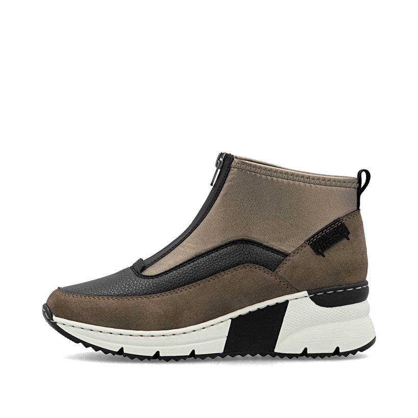 Braunschwarze Rieker Damen Sneaker High N6352-25 mit einem Reißverschluss. Schuh Außenseite.