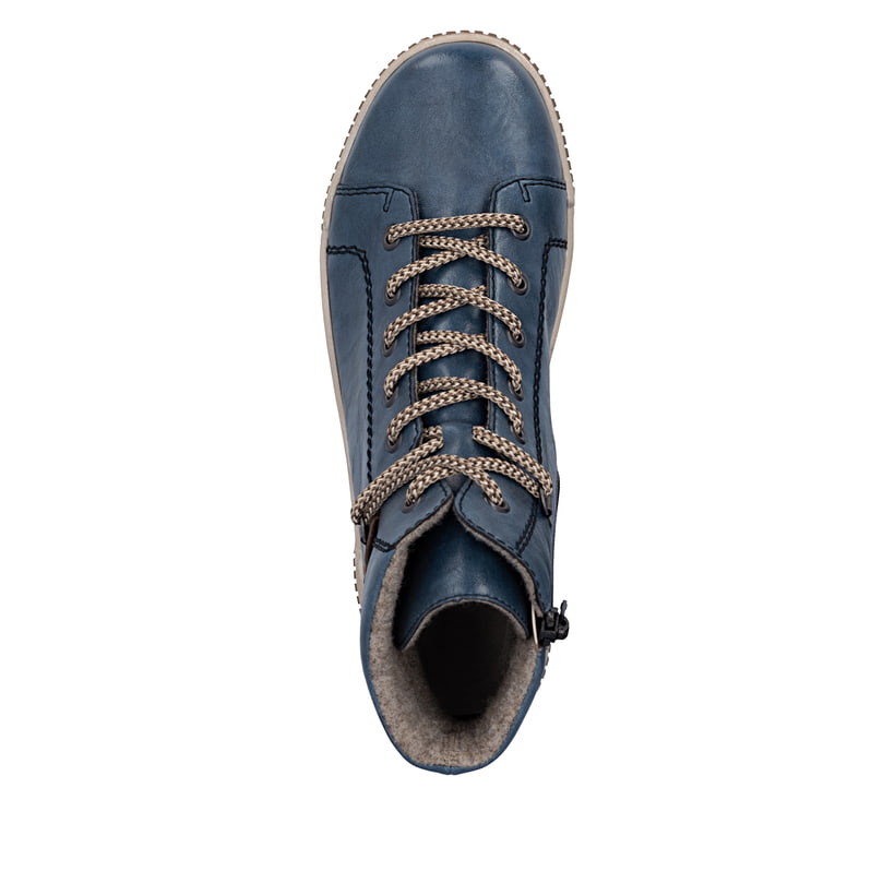 Dunkelblaue Rieker Damen Kurzstiefel N0730-14 mit einem Reißverschluss. Schuh von oben.