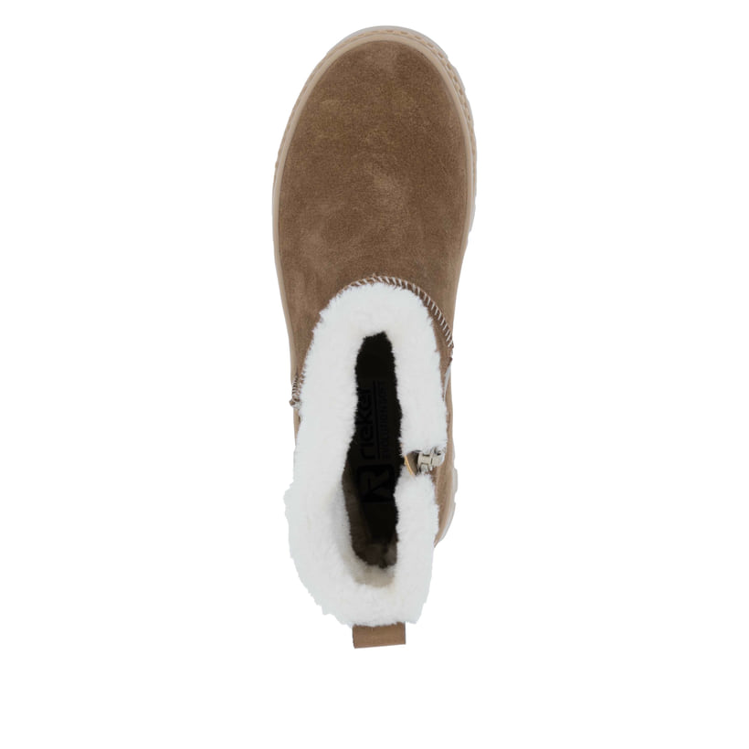 Braune Rieker Damen Kurzstiefel W2172-20 mit griffiger Fiber-Grip Sohle. Schuh von oben.