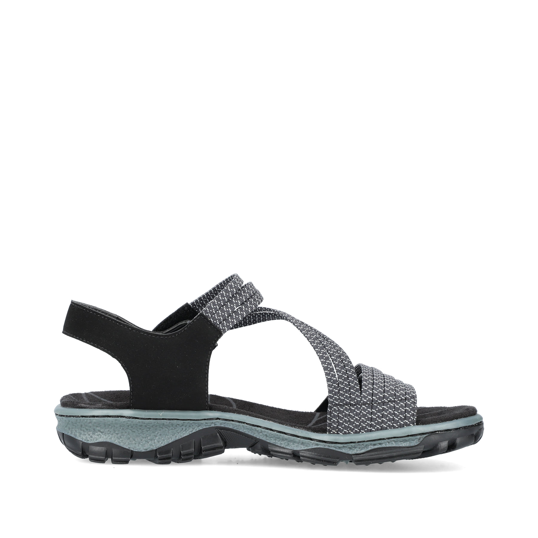 Schwarze Rieker Damen Trekkingsandalen 68871-00 mit einem Klettverschluss. Schuh Innenseite.