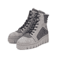 Graue Rieker Damen Schnürstiefel Z8904-40 mit einem Reißverschluss. Schuhpaar seitlich schräg.