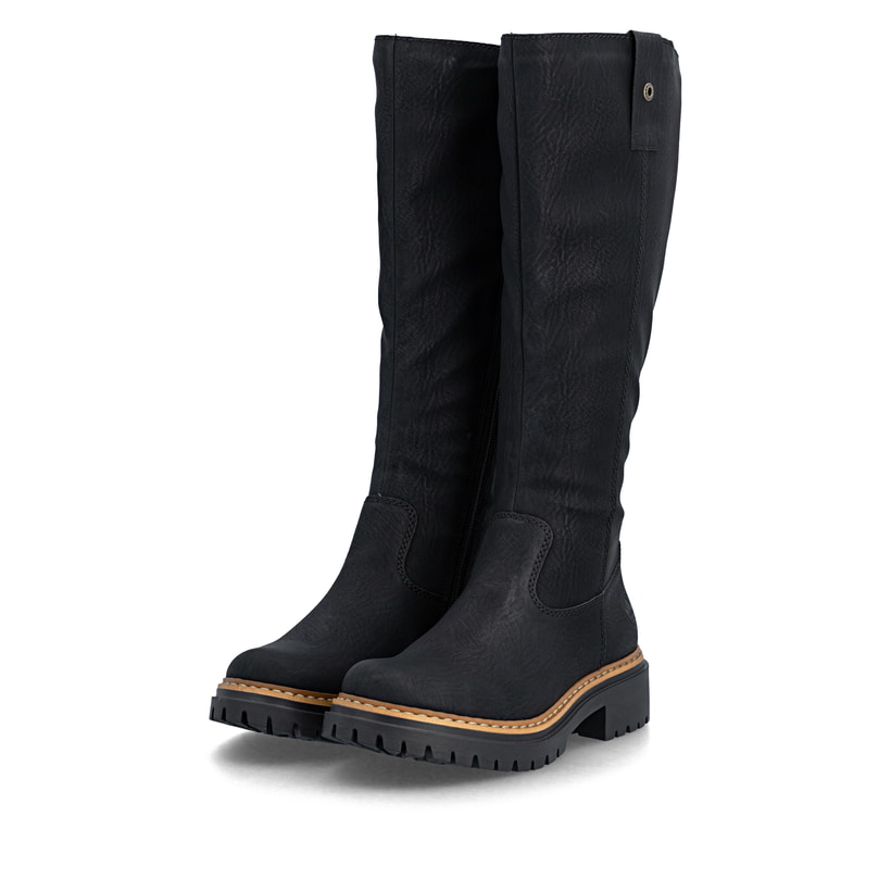 Schwarze Rieker Damen Hochschaftstiefel 72656-00 mit einem Reißverschluss. Schuhpaar seitlich schräg.