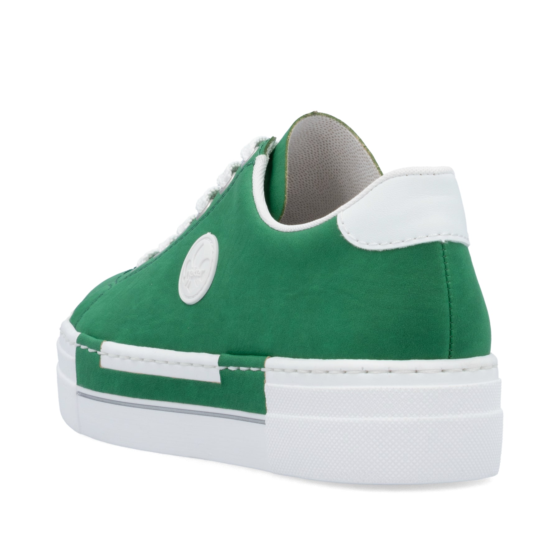 Grüne Rieker Damen Sneaker Low N49W1-52 mit einer Schnürung. Schuh von hinten.