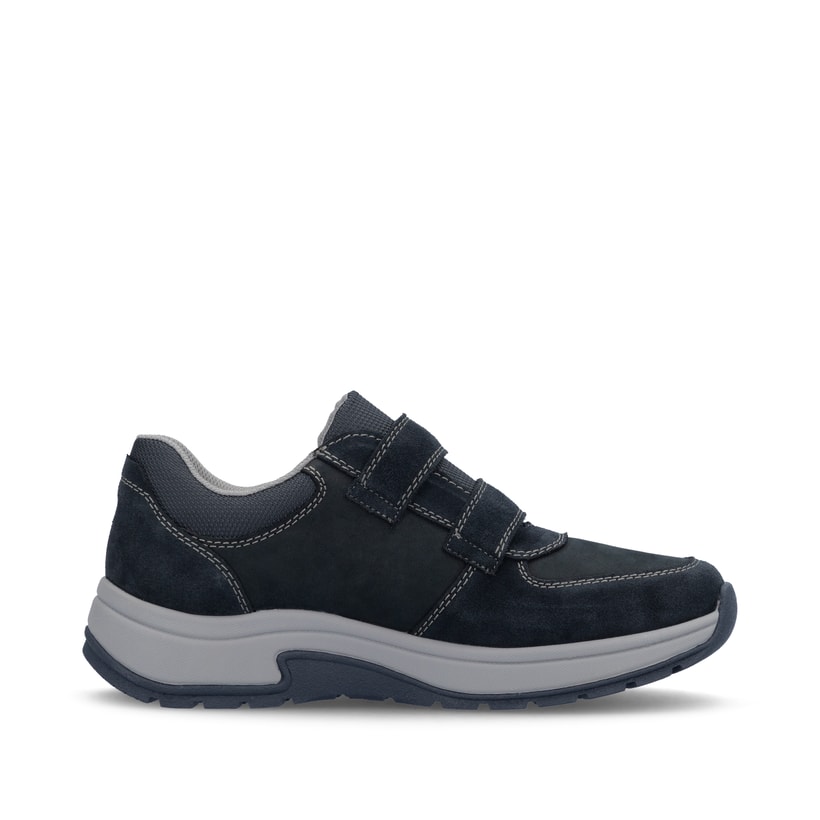 Mocassins Rieker bleus homme 11051-14 en cuir suédé avec fermeture velcro. Chaussure vue de l'arrière.