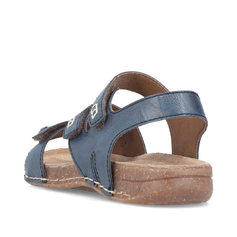 Blaue Rieker Damen Riemchensandalen 61402-12 mit einem Klettverschluss. Schuh von hinten.
