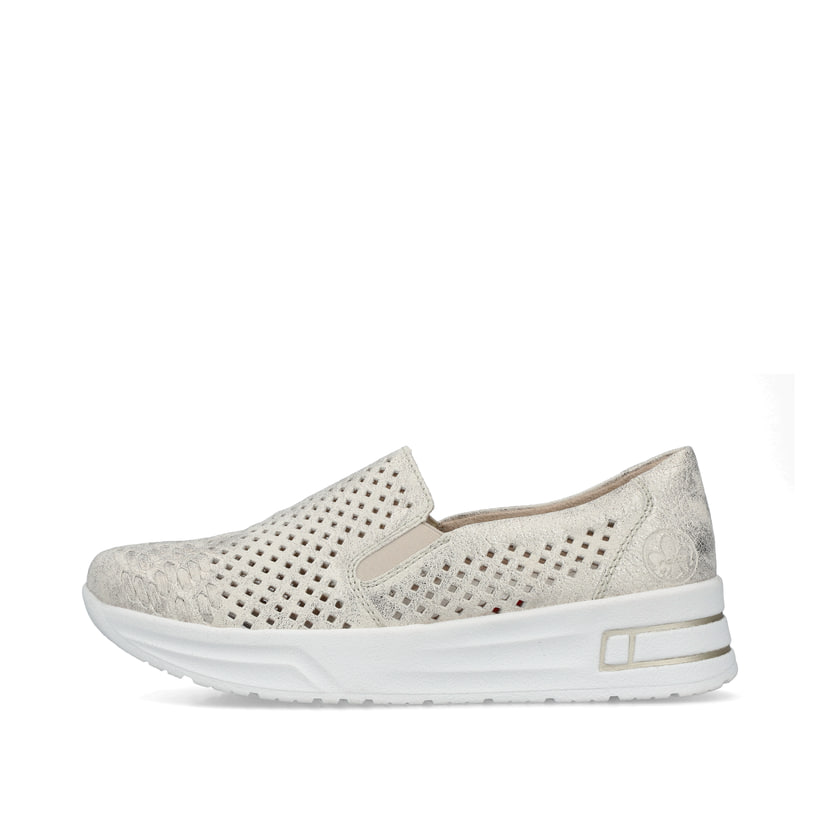Beige Rieker Damen Loafer N8155-60 in Löcheroptik mit einem Gummizug. Schuh Außenseite.