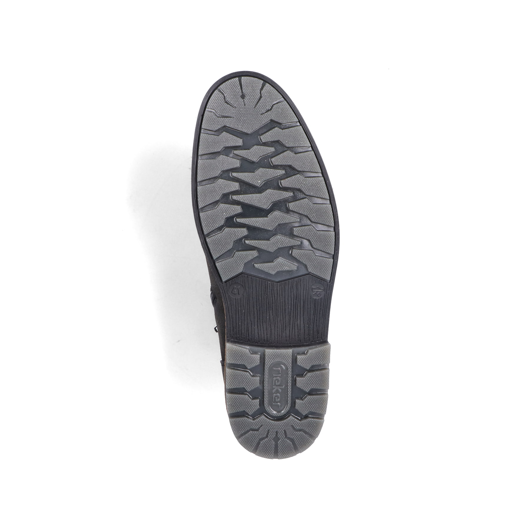 Bottes à lacets Rieker noires foncées F4521-46 avec fermeture éclair. Vue semelle extérieure de la chaussure.