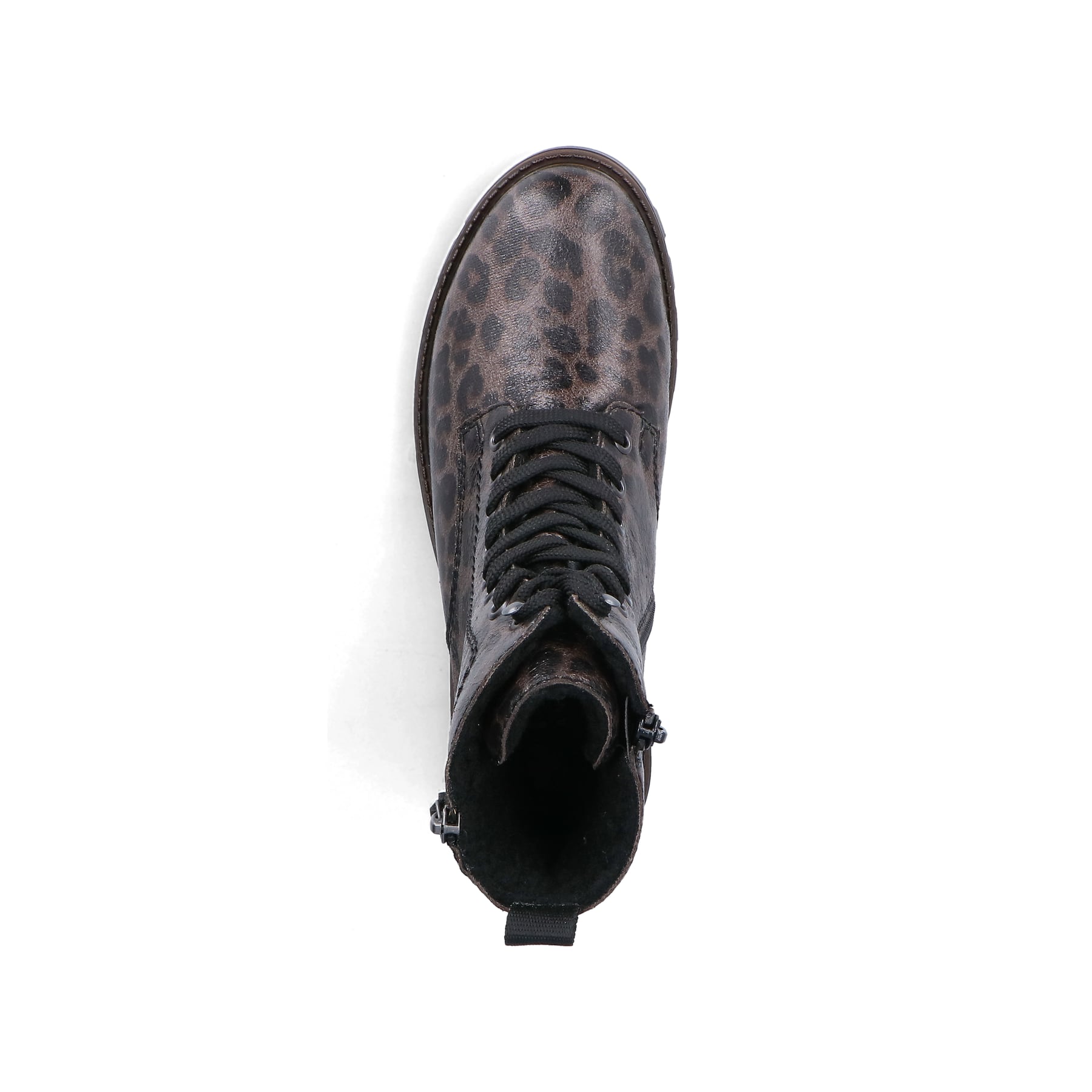 Graue vegane Rieker Damen Biker Boots 73210-42 mit Leo-Print. Schuh von oben.