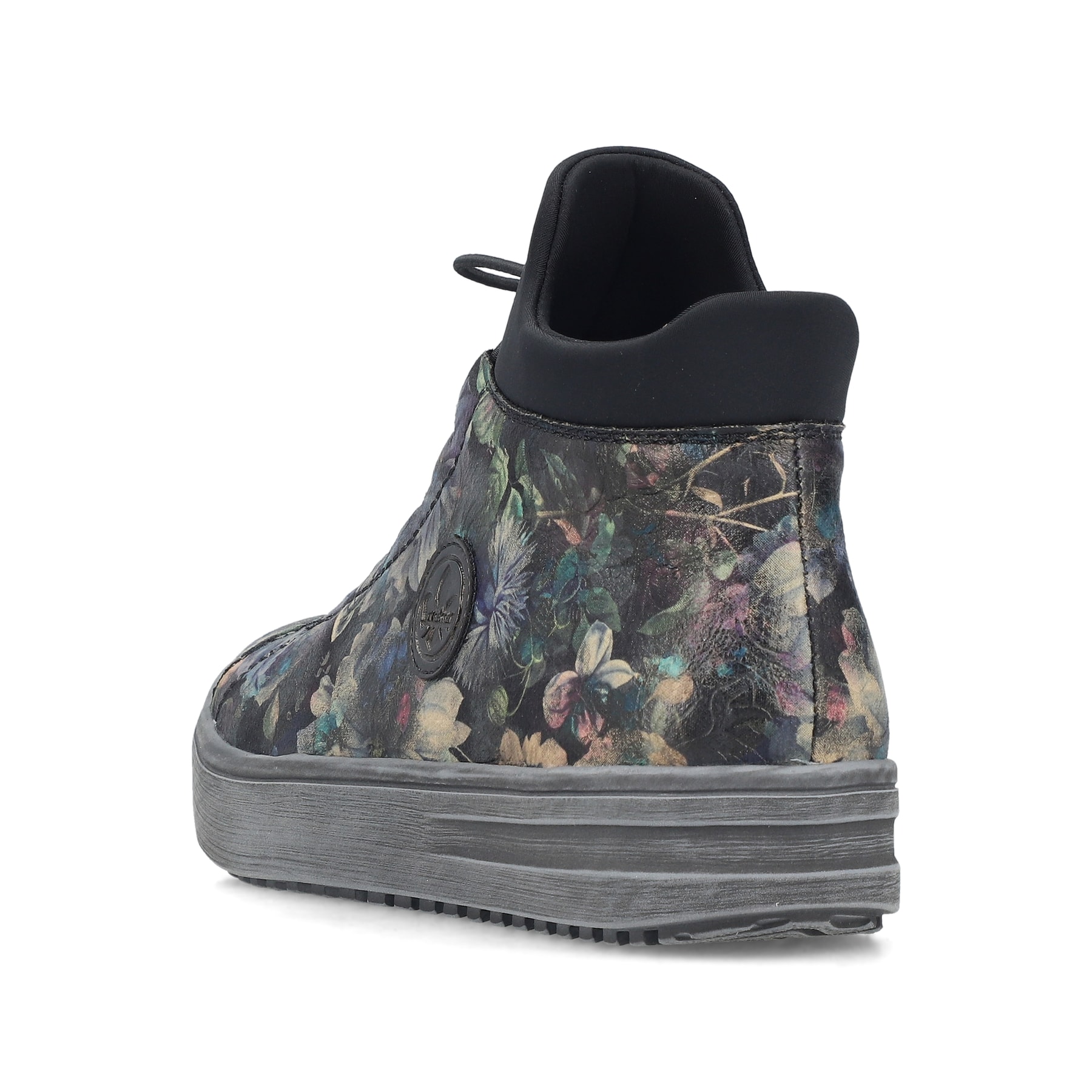 Graue Rieker Damen Kurzstiefel L2550-90 mit floralem Aufdruck. Schuh von hinten.