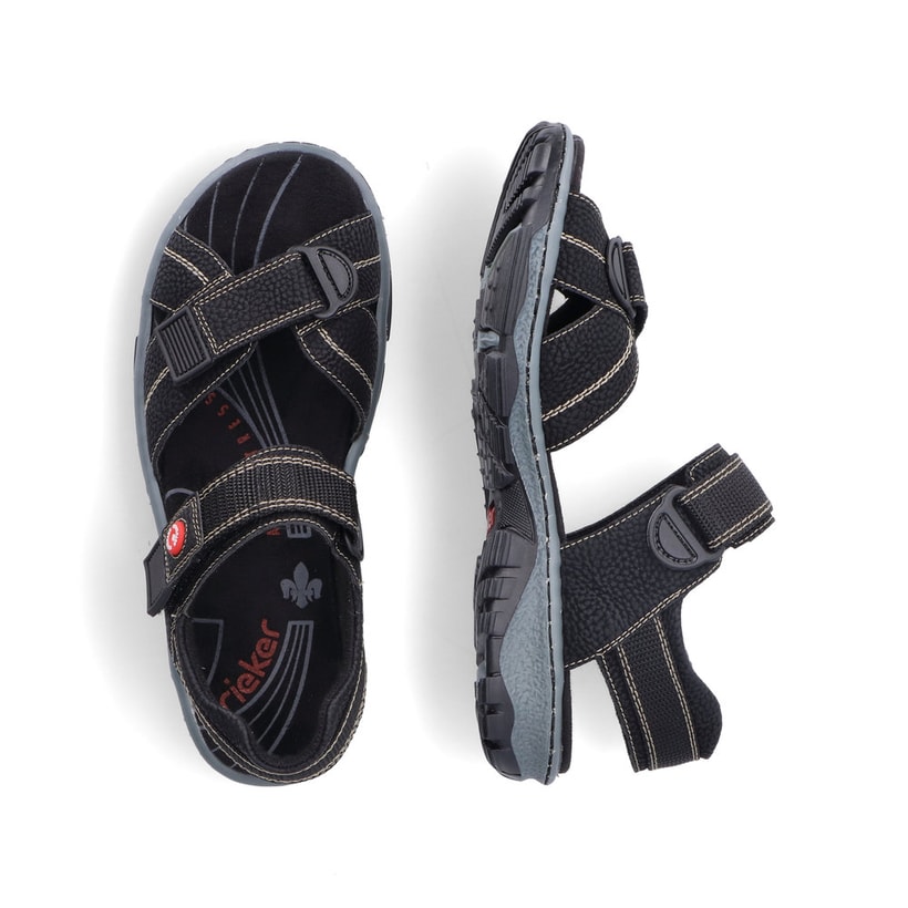 Schwarze Rieker Damen Trekkingsandalen 68851-02 mit einem Klettverschluss. Schuh von oben, liegend.