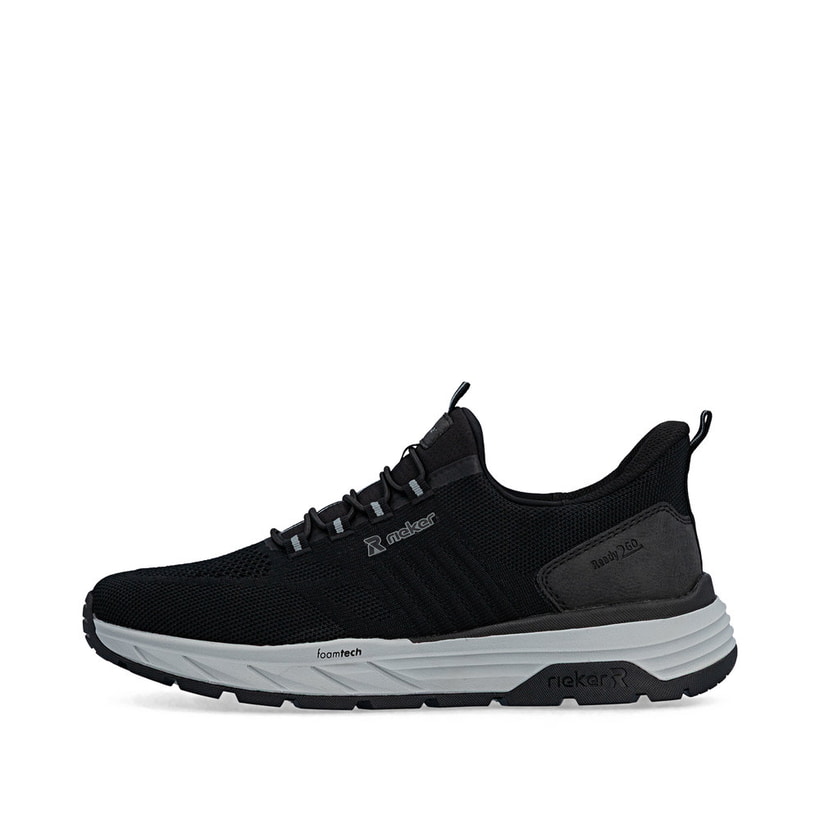 Schwarze Rieker Herren Slipper 06153-00 mit easy Hineinschlüpf-Möglichkeit. Schuh Außenseite.
