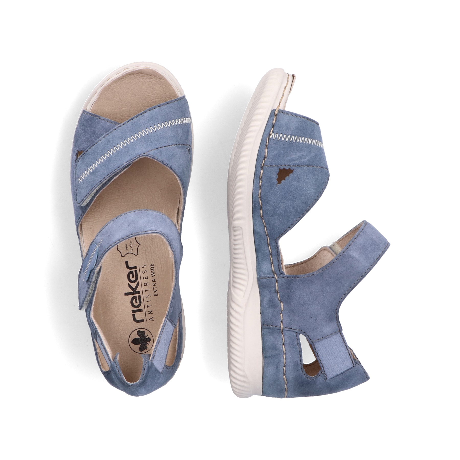 Blaue Rieker Damen Riemchensandalen V7474-10 mit einem Klettverschluss. Schuh von oben, liegend.