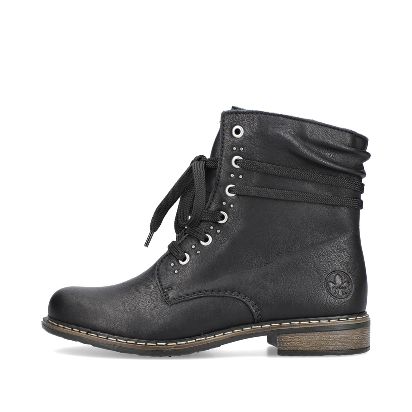 
Asphaltschwarze Rieker Damen Schnürstiefel 71218-00 mit einer leichten Sohle. Schuh Außenseite