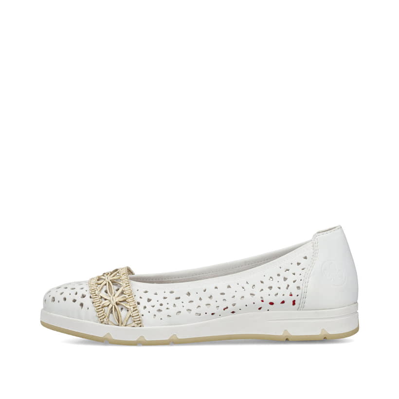 Ballerines Rieker blanches pour femme L3062-80 avec éléments décoratifs. Côté extérieur de la chaussure.