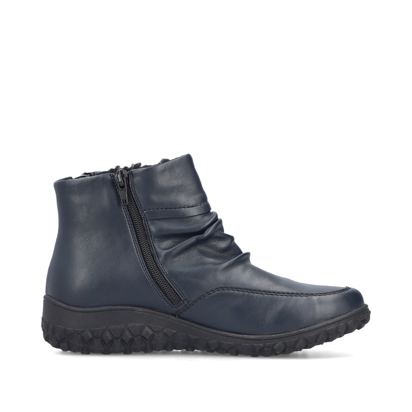 Blaue Rieker Damen Kurzstiefel 59585-14 mit Reißverschluss sowie Extraweite H. Schuh von hinten.