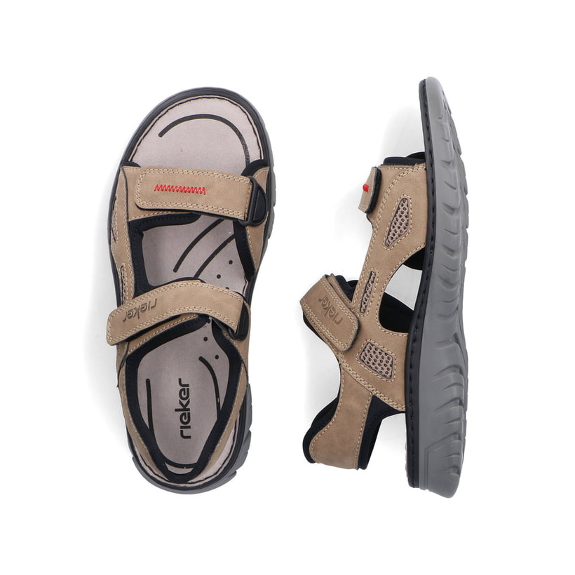 Beige Rieker Herren Trekkingsandalen 26761-65 mit einem Klettverschluss. Schuh von oben, liegend.