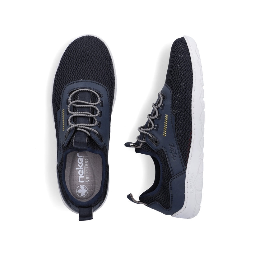 Blaue Rieker Herren Slipper 08365-14, Barfußschuhe mit einem Gummizug. Schuh von oben, liegend.