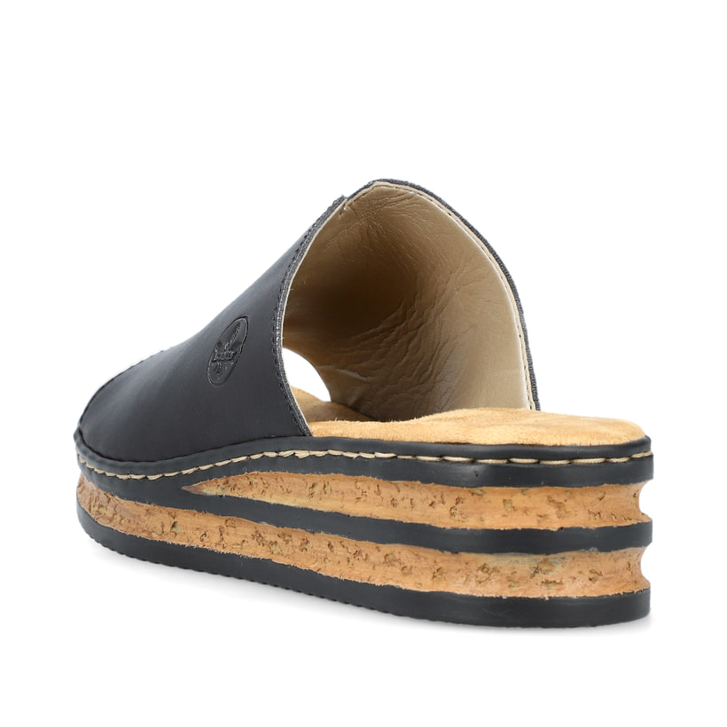 Schwarze Rieker Damen Pantoletten 629M9-00 mit moderner Spannnaht. Schuh von hinten.