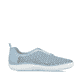 Blaue Rieker Damen Slipper 52866-10, Barfußschuhe in Löcheroptik mit Gummizug. Schuh Innenseite.
