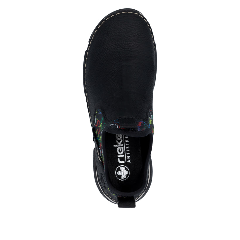 Urbanschwarze Rieker Damen Slipper 45957-00 mit einer schockabsorbierenden Sohle. Schuh Laufsohle
