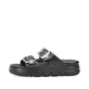 Schwarze Rieker Damen Pantoletten P2180-00 mit Schnallen sowie flexibler Sohle. Schuh Außenseite.