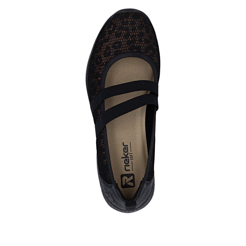 Schwarze Rieker Ballerinas M5075-00 mit einem Gummizug sowie der Komfortweite G. Schuh von oben.
