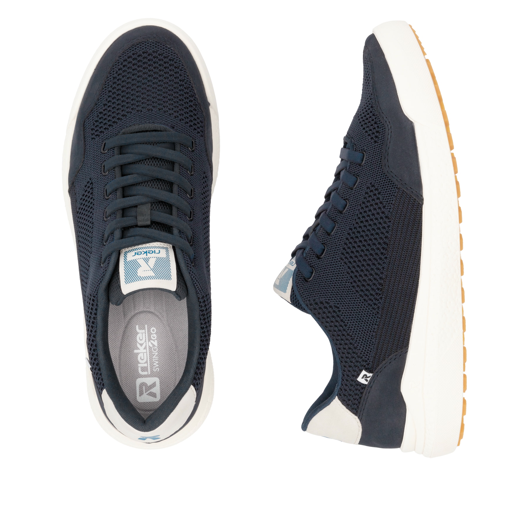 Blaue Rieker Herren Sneaker Low U1104-14 mit einer Schnürung. Schuh von oben, liegend.