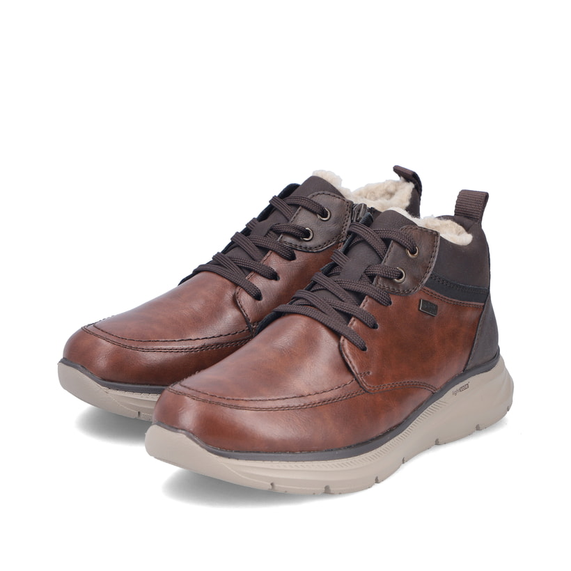 Braun-dunkelblaue Rieker Herren Schnürstiefel B1824-24 mit der lightsole+. Schuhpaar seitlich schräg.
