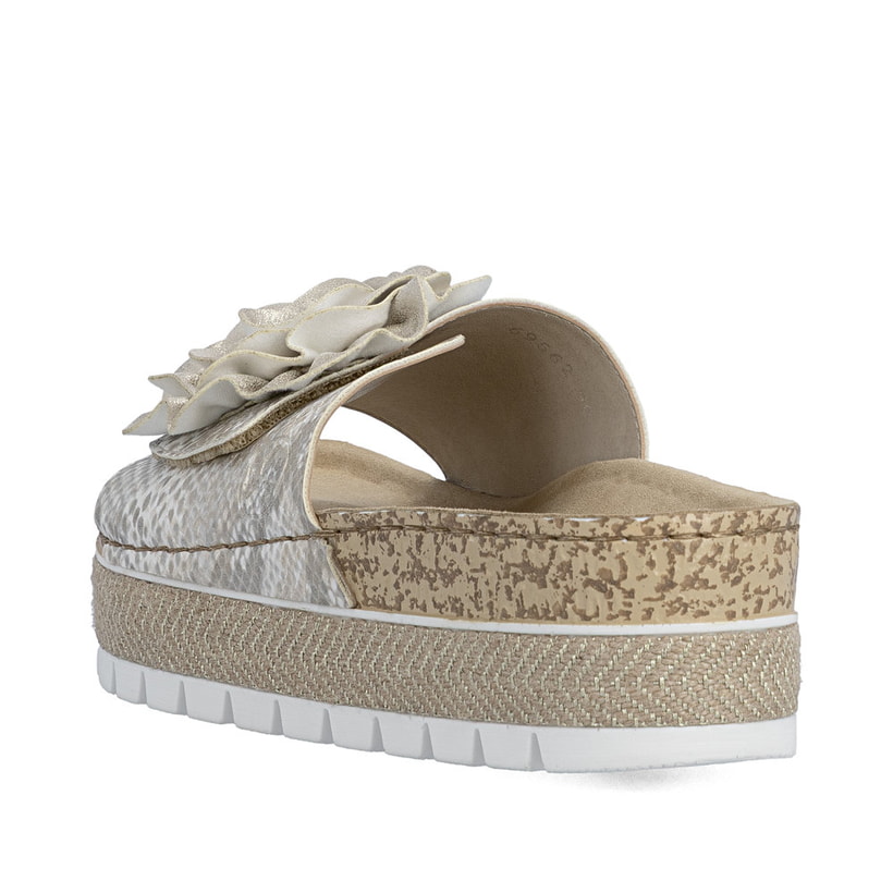 Mules Rieker dorées pour femme 69562-90 avec fleur décorative. Chaussure vue de l'arrière.