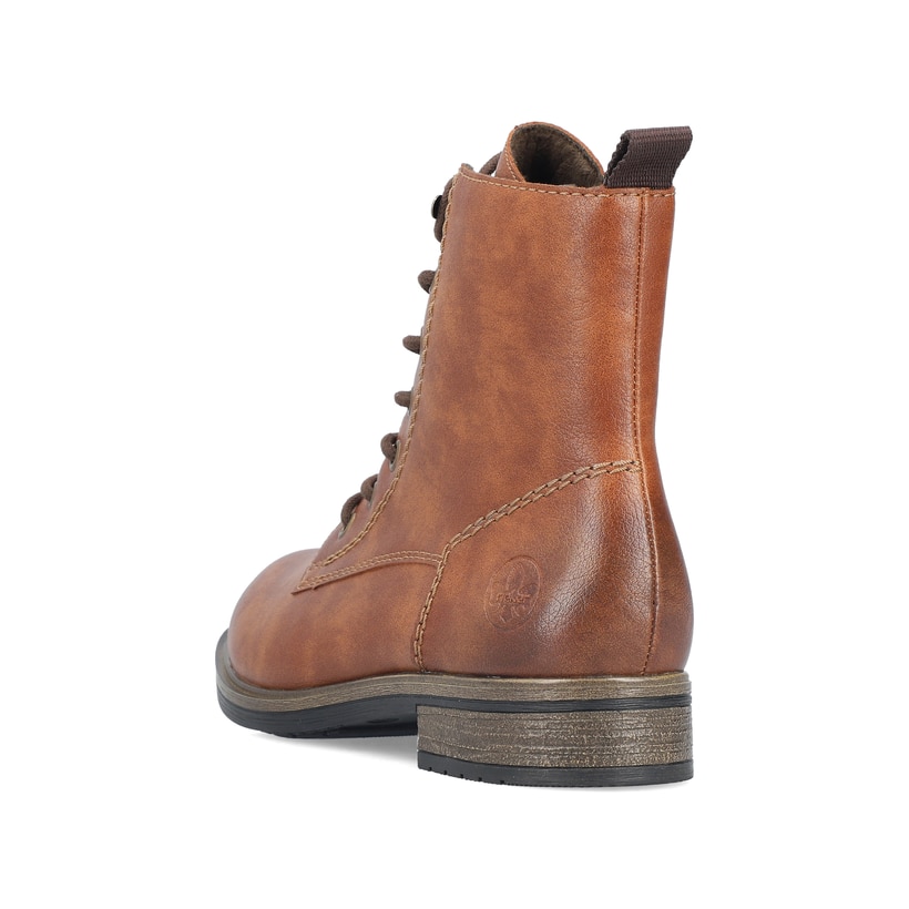 Hellbraune Rieker Damen Schnürstiefel 72220-24 mit einem Reißverschluss. Schuh von hinten.