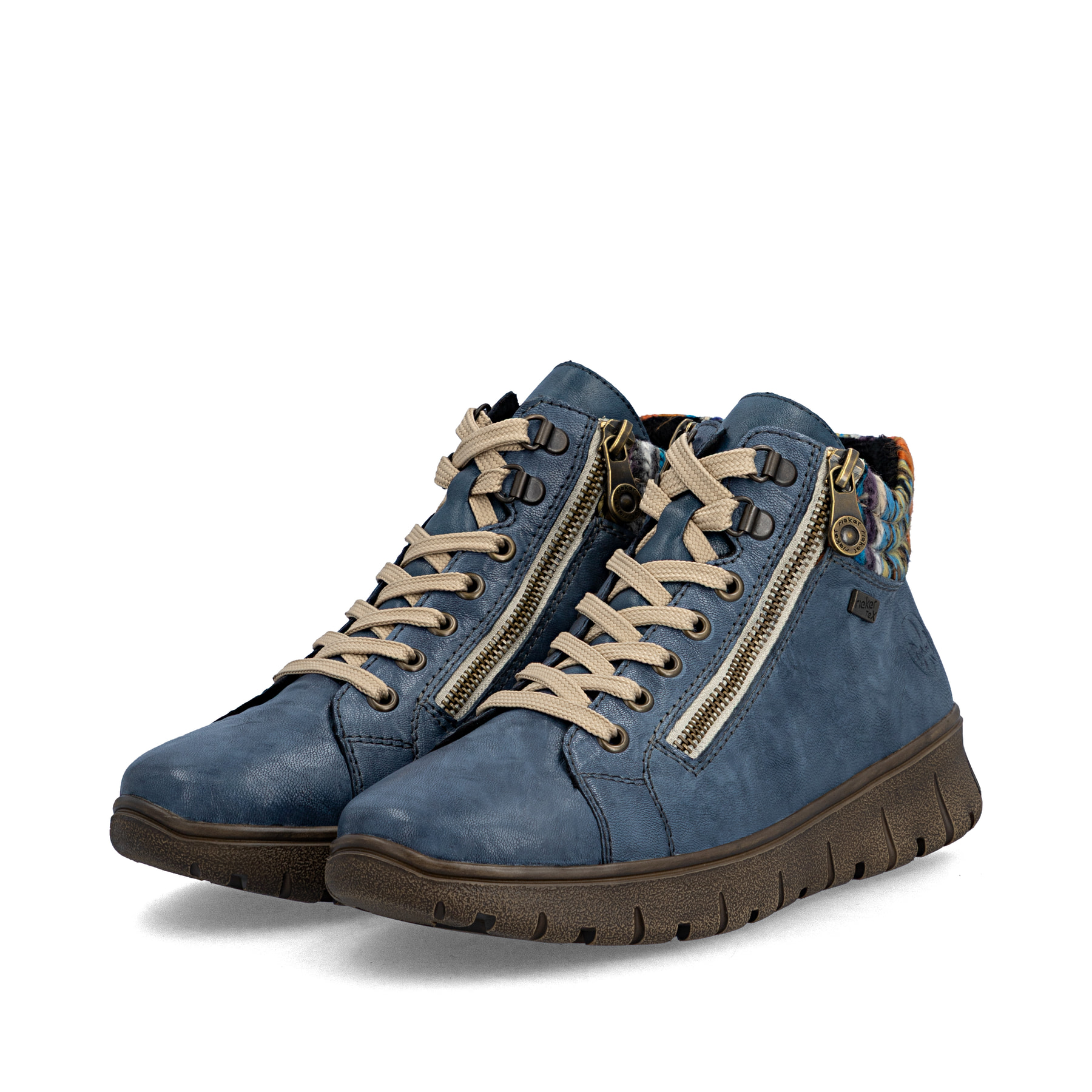 Blaue Rieker Damen Schnürstiefel N1305-14 aus Glattleder. Schuhpaar seitlich schräg.