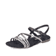 Schwarze vegane Rieker Damen Riemchensandalen 65262-00 mit einer Schnalle. Schuh seitlich schräg.