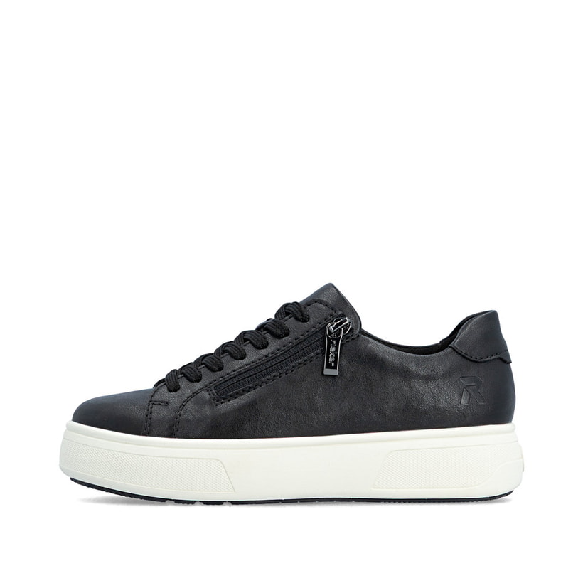 Baskets basses Rieker noires pour femme M7701-00 avec fermeture éclair. Côté extérieur de la chaussure.