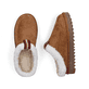 Hellbraune Rieker Damen Clogs 99890-24 mit Fellschaftrand sowie Komfortweite G. Schuh von oben, liegend.