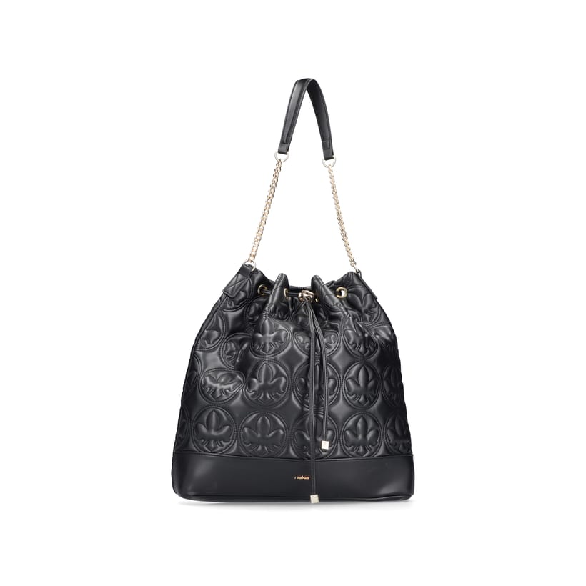 Sac bandoulière Rieker H1023-00 en noir à resserrer avec une chaîne dorée en tant que bandoulière. Face avant.