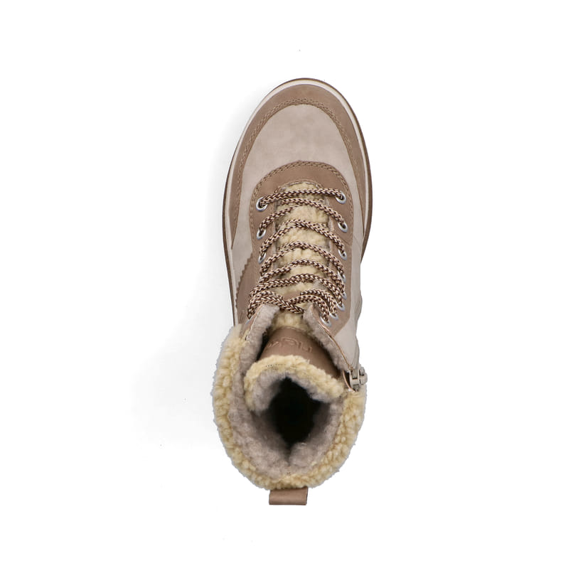 Beige Rieker Damen Schnürstiefel Y6230-62 mit Schaftkragen sowie Reißverschluss. Schuh von oben.