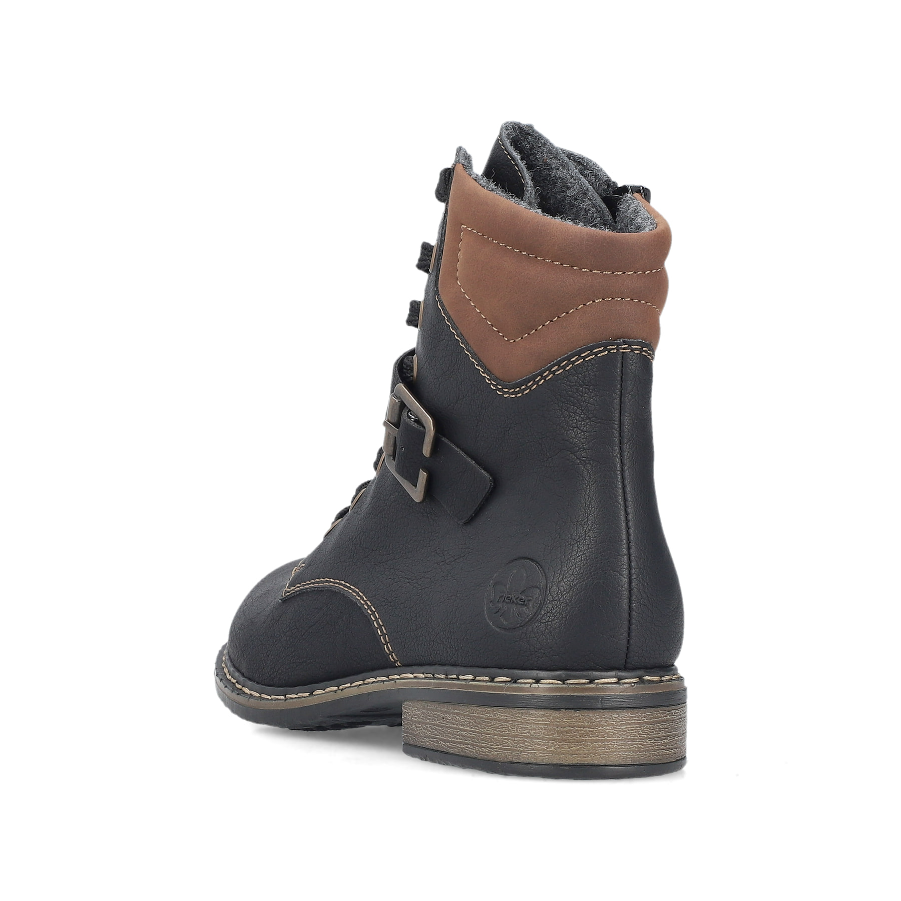 Schwarzbraune Rieker Damen Schnürstiefel 71200-00 mit trendiger Schnalle. Schuh von hinten.