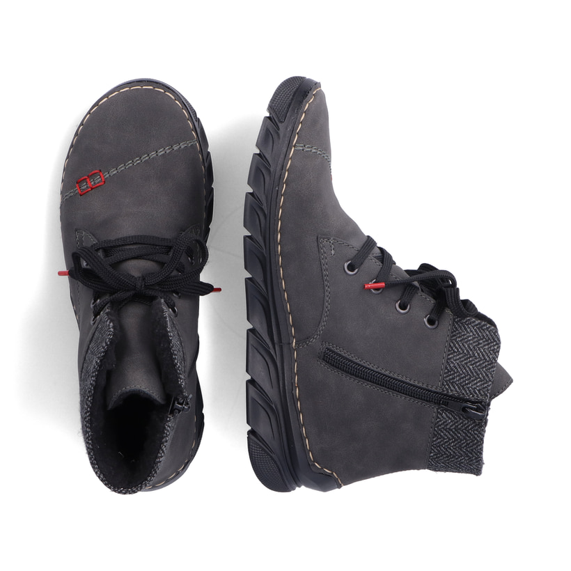 Dunkelgraue Rieker Damen Schnürstiefel 55031-45 mit gestickten Details. Schuh von oben, liegend.