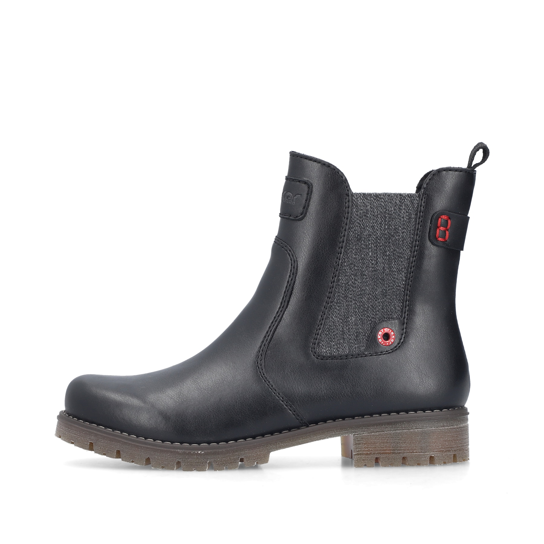 Schwarze Rieker Damen Chelsea Boots 79561-00 mit einem Reißverschluss. Schuh Außenseite.